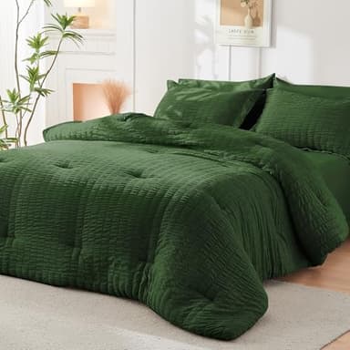 HYMOKEGE Dark Green Full Size Comforter Sets Seersucker 7 Pieces, All Season Luxury Bed in a Bag for Bedroom, Bedding Set with Comforters, Sheets, Pillowcases & Shams - Image 7
