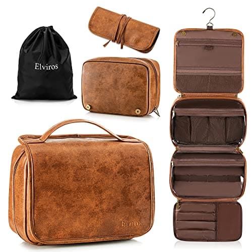 Elviros Hanging Toiletry Bag for Men Travel Essentials 3-in-1 Large Waterproof Dopp Kit PU Leather Shaving Bag with Separate Compartments for Grooming and Toiletries Mens Gift - Image 1