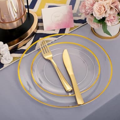 Rubtlamp 140Pcs Gold Plastic Plates Dinnerware,Clear Disposable Plates with Gold Trim,Clear Party Dinnerware Include 20Dinner Plates,20Salad Plates, 20Cups,20Silverware With Pre Rolled Napkins - Image 4