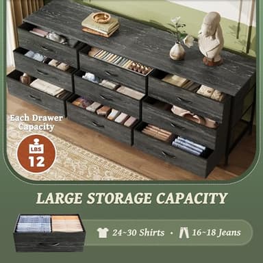 Huuger 63 Inch Dresser for Bedroom, Dresser for Closet with 9 Drawers, Large TV Stand for 55, 65, 70 Inch TV, Entertainment Center, Wide Long Chest of Drawers, Charcoal Black Wood Grain Print - Image 4