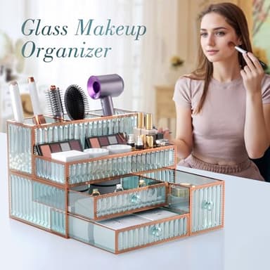 Youdepot Makeup Organizer Countertop - Tempered Glass Vanity Organizer for Cosmetics, Skincare, Hair Tools, Brushes, Perfume - Multipurpose Bathroom Counter Skincare Organizer - Image 3