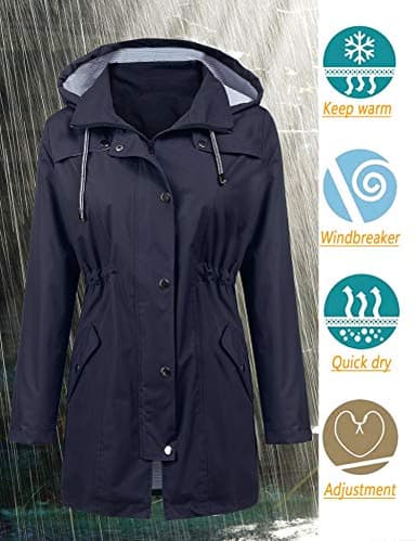 Women Rain Jacket Lightweight Travel Trench Waterproof Raincoat Hoodie Windproof Hiking Coat Packable Rain Jacket Navy Blue L - Image 2