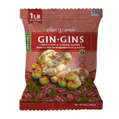 GIN GINS Spicy Apple Ginger Chews – Natural Fresh Ginger Candy by The Ginger People – Individually Wrapped Healthy Candy – Spicy Apple Ginger Flavor – Large 1 lb Bag (16oz) – Pack of 1 - Image 1