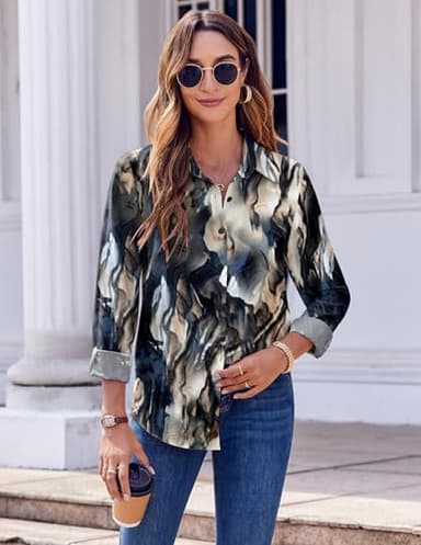 Zeagoo Button Down Shirts for Women Dressy Casual Blue Grey Print Long Sleeve Blouses Spring Work Tops Fashion Outfit - Image 3