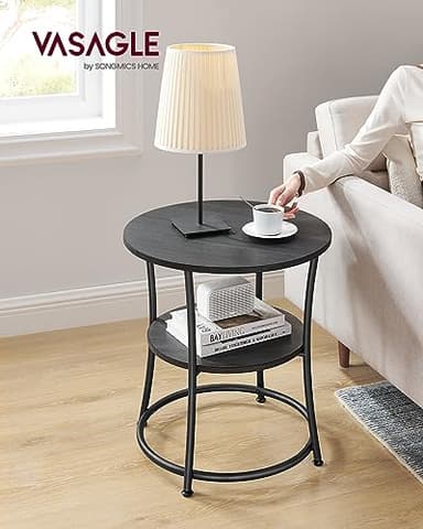 VASAGLE Side Table, 2-Tier Round End Table, Nightstand with Steel Frame for Small Spaces, Living Room, Bedroom, Charcoal Gray and Ink Black - Image 2