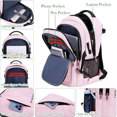 FENGDONG Large Laptop Backpack 17.3 inch Waterproof Travel College Backpack Bookbag,Crossbody Sling Bags for Men & Women Business Backpack Light Pink - Image 3