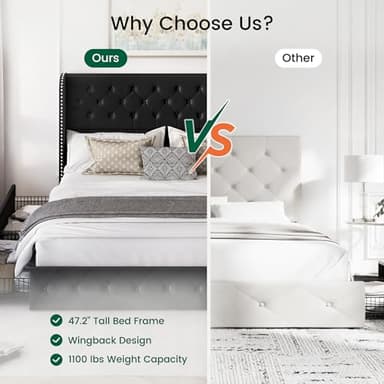 LARMACE King Size Bed Frame with 4 Storage Drawers and Tufted Headboard Velvet Upholstered Platform Bed Frame Wingback Beds with Wooden Slats Support, Easy Assembly, Black - Image 8