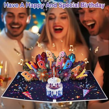 MZD8391 Birthday Cards Fireworks 3D Pop Up Blowable Cake Light Music Happy Birthday Card Gifts for Women,Men, Mom, Kids - Image 2