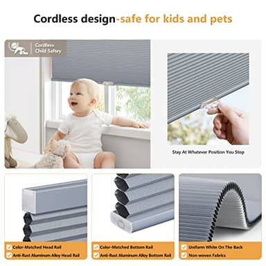 LazBlinds Cordless Cellular Shades, Blackout Privacy Honeycomb Shades for Home, Thermal Insulation Noise Reduction Blinds for Windows, 26'' W x 64'' H, Dark Grey - Image 2