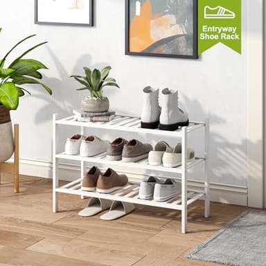 BMOSU 3-Tier Bamboo Shoe Rack Premium Stackable Shoe Shelf Storage Organizer for Hallway Closet Living Room Entryway Organizer(White Bamboo) - Image 2