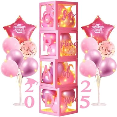 AYGXU Graduation decorations class of 2025 pink- Graduation Decorations, Balloons Box (4PCS) with letters&balloons,balloon stand set for table,LED String Light,graduation party decorations - Image 9
