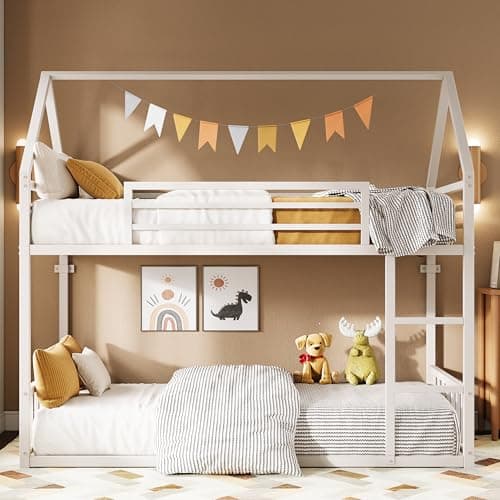 LIKIMIO Bunk Bed Twin Over Twin, House Bunk Bed Frame with Ladder and Guardrail, House Shaped with Metal Slats for Dormitory and Bedroom, Space Saving, No Box Spring Needed, White - Image 1