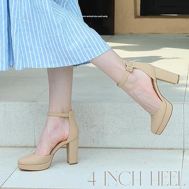 Ankis Platform Closed Toe Heels for Women, Nude Womens Heels Closed Round Toe Chunky Block Pumps Shoes, 4 Inch - Image 2