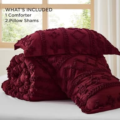 Bedsure Tufted Boho Comforter Set Full Size - Dark Red Boho Bed Set, GentleSoft™ 3 Pieces Farmhouse Shabby Chic Embroidery Bedding, Gifts for Woman, Soft Jacquard Full Comforter for All Seasons - Image 7