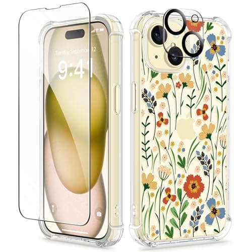 GVIEWIN for iPhone 15 Case, [3 in 1] with Screen Protector & Camera Lens Protector, Clear Soft Shockproof Slim Fit Floral Phone Cover for Women Girls 2023 6.1" (Blooming Flowerets/Orange) - Image 1