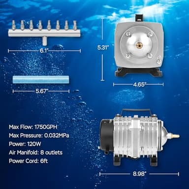 AquaMiracle Aquarium Air Pump Commercial Air Pump with Aluminum Housing, 120W/1750GPH Fish Tank Bubbler Pond Aerator for Aquariums, Ponds, Hydroponics - Image 6