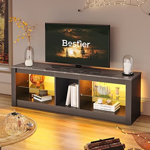 Bestier Entertainment Center LED Gaming TV Stand for 55+ Inch TV Adjustable Glass Shelves 22 Dynamic RGB Modes TV Cabinet Game Console PS4, Black Marble - Image 1