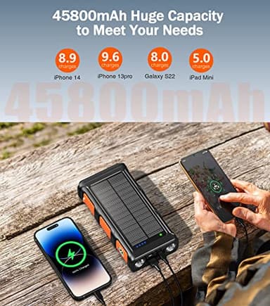 GOODaaa Power Bank Wireless Charger 45800mAh Built in Hand Crank and 4 Cables 15W Fast Charging Power Bank 7 Outputs & 4 Inputs Solar Portable Charger, SOS/Strobe/Strong Flashlights, Compass - Image 4