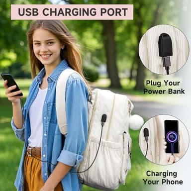 MATEIN School Backpack for Girls, 15.6 Inch Cute College Backpack Corduroy Computer Bookbag with USB Charging Port, TSA Lightweight Kawaii Travel Laptop Backpack Aesthetic for Teens Students, Beige - Image 3