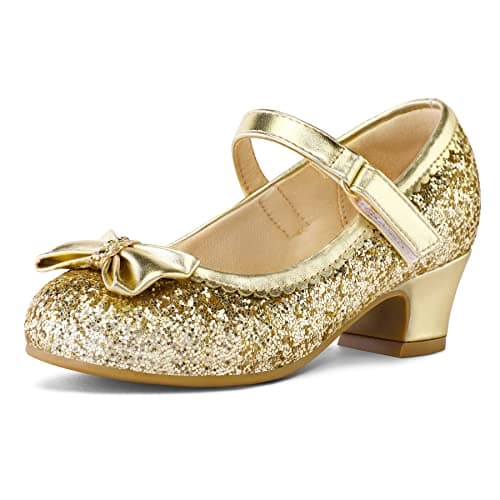 K KomForme Girl's Dress Shoes Mary Jane Glitter 1.5 in Low Heel Wedding Party Princess Shoes for Toddler/Little/Big Kids Gold - Image 1