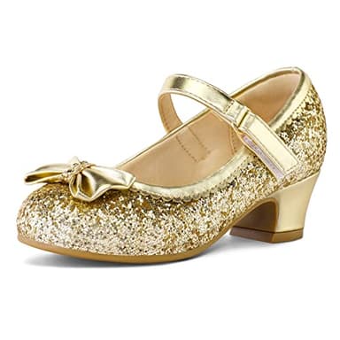 K KomForme Girl's Dress Shoes Mary Jane Glitter 1.5 in Low Heel Wedding Party Princess Shoes for Toddler/Little/Big Kids Gold - Image 1