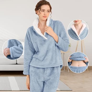 BOSECETA Fluffy Pajamas Set for Women Soft Comfy Fleece Pjs Pullover Pants Loose Plush Sleepwear Fuzzy Loungewear for Winter (Dark Blue,Small) - Image 3