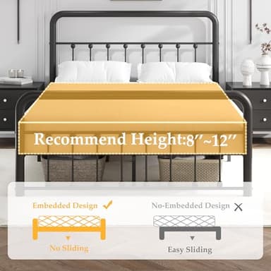 Fluest 14 Inch Queen Bed Frame Classic Metal Platform Bed Frame with Charging Station & LED, Victorian Style Iron-Art Headboard/Footboard, Under Bed Storage, No Box Spring Needed, Noise Free - Image 7