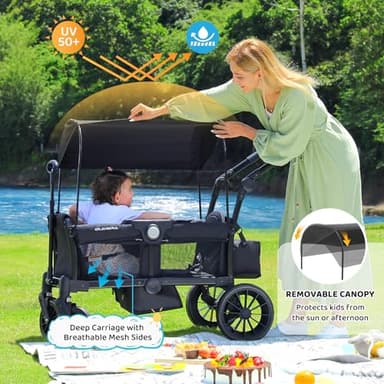 ELEMARA Foldable Stroller Wagon for 2 Kids, Premium All Terrain Wagon for Kids, Cart w/Removable Canopy, Adjustable Push/Pull Handle, Harnesses, Large Storage Bag, Black - Image 8