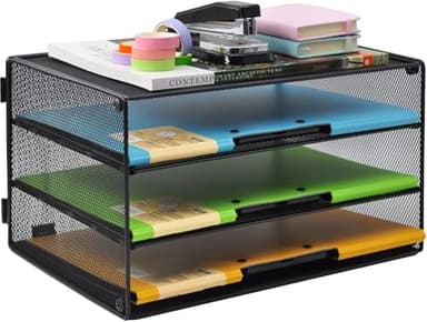 COSYAWN 3 Tier Mesh Desk Paper Tray Organizer, File Organization for Letter Document, Desktop Mail Storage Holder for Office Home School, Black, 2 Pack - Image 3