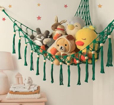 Stuffed Animal Toy Storage Hammock with LED Light - Macrame Jumbo Doll Corner Stuff Animals Organizer Decorations - Cute Plushie Net Kids Baby Nursery Bedroom Room Decor Christmas Green - Image 4
