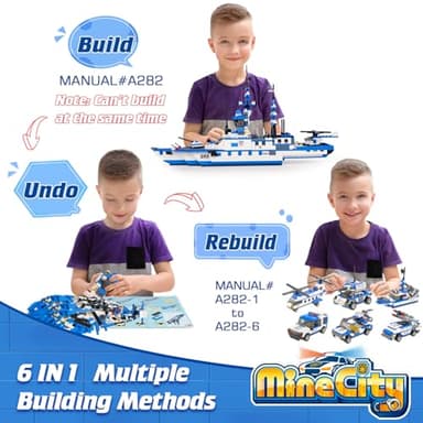 WishaLife 1169 Pieces City Police Station Building Kit, 6 in 1 Military Battleship Building Toy, with Police Cars, Boat, Airplane, Best STEM Construction Toy Gift for Boys and Girls 6-12 - Image 2