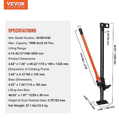 VEVOR Farm Jack 48 inch Utility High Lift Jack, 7000 lbs Capacity Ratcheting Off Road Jeep Jack, Heavy-Duty Farm Jack for Tractor, Truck, SUV, Bumper Lift, Orange - Image 7