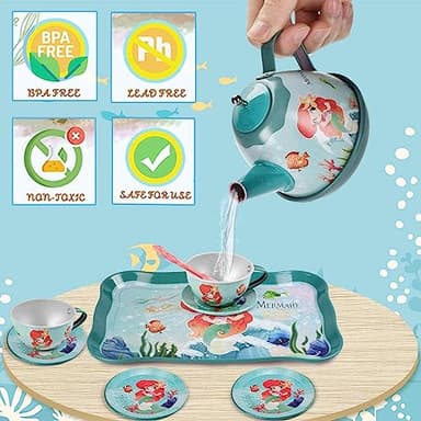 Lajeje Mermaid Tea Party Set for Little Girls, Kids Party Set Toys for 3 4 5 6 Year Old Girls, Pretend Toy Tin Tea Set & Carrying Case, Princess Tea Time Kitchen Play Toys, Birthday Gifts for Girls - Image 5