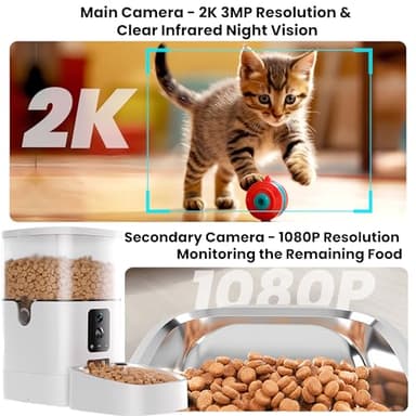 Automatic Cat Feeder with Dual Cameras, 2K HD Video with Night Vision, 5G WiFi Timed Pet Food Dispenser for Cat & Small Dog, 2-Way Audio, Easy APP Control, AI Pet Capture & Remain Food Record - Image 2