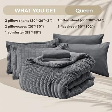 HYMOKEGE Queen Comforter Set Seersucker 7 Pieces, All Season Luxury Bed in a Bag for Bedroom, Bedding Set with Comforters, Sheets, Pillowcases & Shams, Dark Grey - Image 5