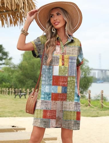 HOTOUCH Women's Button Down Dress 2025 Summer Beach Short Sleeve Casual Loose Dress Tunic Dresses with Pockets Color Block XL - Image 4