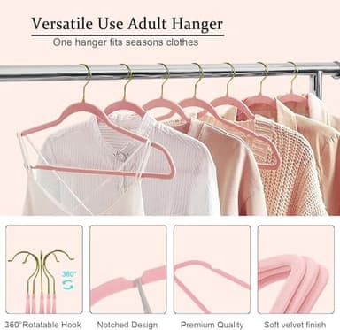 TGHYR Velvet Clothes Hangers Pink Non-Slip Felt Hangers 22 Pack with Shoulder Notches 360° Swivel Gold Hook Heavy Duty Coat Hangers for Closet Ultra Slim Space-Saving Hangers for Suits Shirts Dress - Image 4
