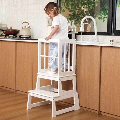 Kids Kitchen Step Stool, Ideal Toddler Learning Standing Tower, 2025 New Upgrade with an Anti-tip Structure and Anti-Drop Safety Bar, More Stable and Safer - White - Image 1