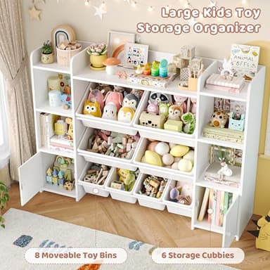 FOTOSOK 55''Large Toy Storage Organizer with 8 Toy Bins, Toy Organizers and Storage with Shelf and 6 Storage Cubbies, Bookshelf for Kids, Playroom Organization and Storage Bins, White - Image 6