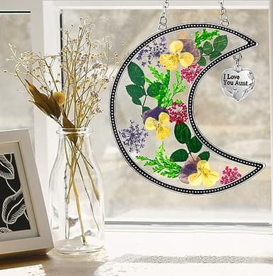 KY&BOSAM Moon Suncatchers Aunt Gifts for Mom Family Friends Stained Glass for Windows Wind Chimes Real Flower Colorful and Metal I Love You Aunt Heart Chain Outdoor for Garden Indoor Home Trees Decor - Image 8