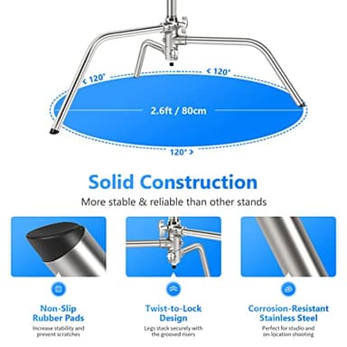 NEEWER Pro 100% Stainless Steel Heavy Duty C Stand with Boom Arm, Max Height 10.5ft/320cm Photography Light Stand with 4.2ft/128cm Holding Arm, 2 Grip Head for Studio Monolight, Softbox, Reflector - Image 6