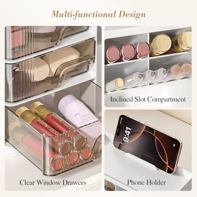 Delamu Makeup Organizer with Drawers, Multi-Function Vanity Organizer Countertop, Stackable Desk Organizer for Makeup Brush Lipstick Skincare Bathroom Vanity Organization and Storage, White - Image 4