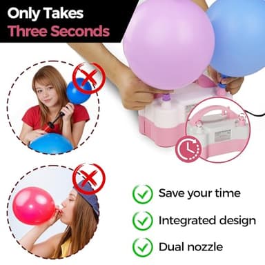 DECOCKRAT Balloon Pump - Electric Dual Nozzle Air Pump for Balloon, Portable Balloon Blower Save Time and Effort, Balloon Inflator for Parties and Decorations - 110V-120V, 600W, PinkWhite - Image 6