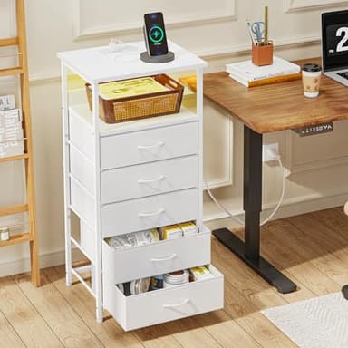 Fixwal Tall Nightstand with Charging Station and LED Lights, Night Stand with PU Finish Fabric Storage Drawers, 5 Drawer Dresser, White - Image 6