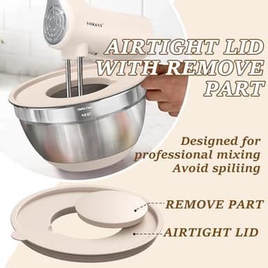 Umite Chef Mixing Bowls with Airtight Lids Set, 8PCS Stainless Steel Khaki Nesting Bowls with Grater Attachments, Kitchen Bowls with Non-Slip Bottoms, Size 5, 4, 3.5, 2, 1.5QT for Mixing & Serving - Image 6