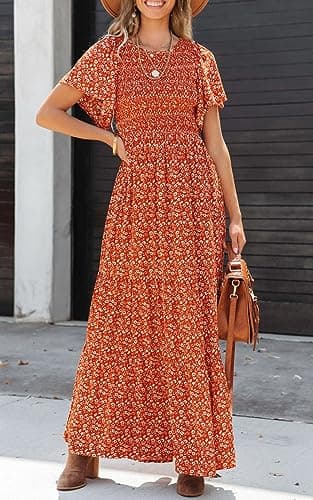 PRETTYGARDEN Women's Summer Casual Boho Dress Floral Print Ruffle Flutter Short Sleeve High Waist Maxi Beach Dresses (Orange,X-Large) - Image 3