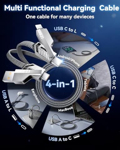 [One is Enough] 4-in-1 Compatible with USB C to Lightning Cable, 100W High-Speed Charging & Fast Data Transfer,CarPlay & Android Auto Support Multi Charger Cord Combo for iPhone/Samsung/iPad,5FT - Image 3