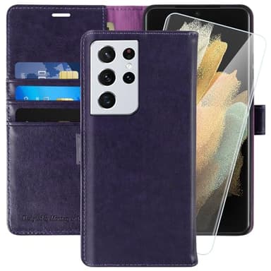 MONASAY Wallet Case Compatible for Galaxy S21 Ultra 5G, 6.8 inch [Screen Protector Included][RFID Blocking] Flip Folio Leather Cell Phone Cover with Credit Card Holder, Purple - Image 1