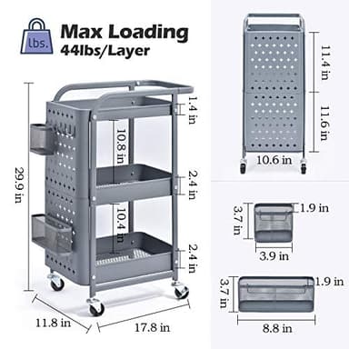 KINGRACK 3-Tier Rolling Cart, Metal Utility Cart with Pegboard, Storage Trolley Organizer Serving Cart with Handle and Extra Baskets Hooks for Kitchen Office Teacher Classroom, Grey - Image 6