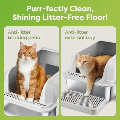 OHM Pets XL Cat Litter Box Stainless Steel - 20L Non-Stick Extra Large Stainless Steel, Rust-Proof, Anti-Leak Metal Litter Box High Sides w/Scoop & Tray, Light Grey - Image 5